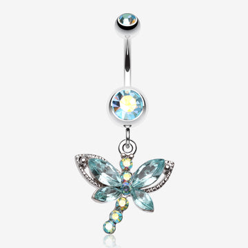 Dragonfly Glam Belly Ring-Aqua/Aurora Borealis